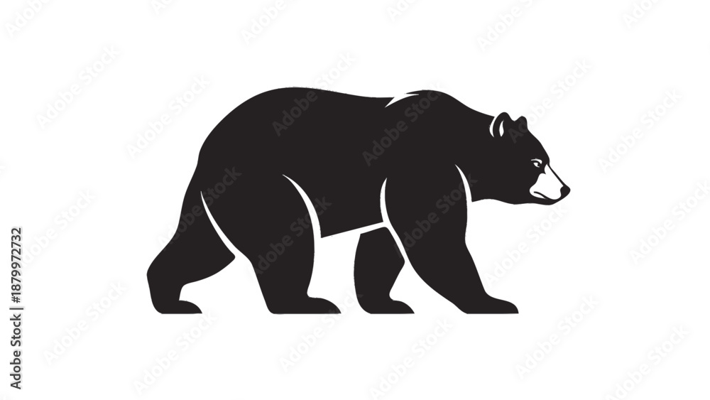 Fototapeta premium Black bear silhouette walking side profile isolated on white background.