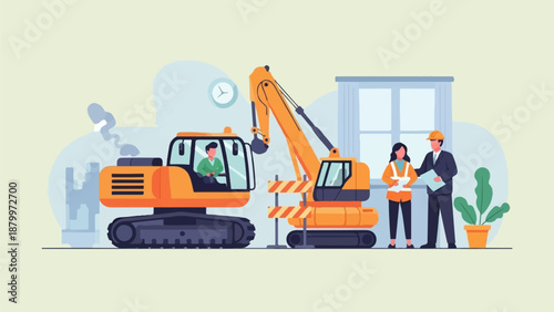 Construction site with excavators, workers, and building elements
