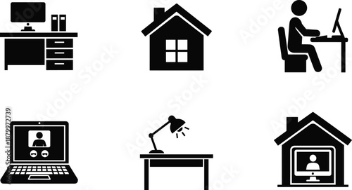 Home office icons, remote work illustration, telecommuting concept, laptop video call, desk workspace, house symbol, online meeting, work from home