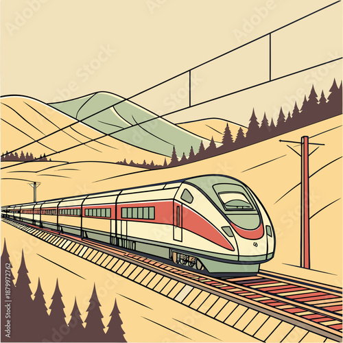 Modern train traveling through mountainous landscape