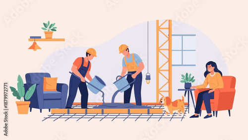 Construction workers pour concrete while a woman and dog watch