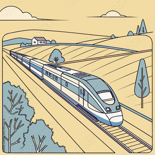 Modern train traveling through countryside