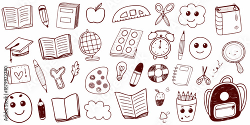 A delightful collection of hand drawn school supplies and cheerful educational elements