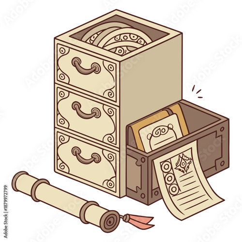 Ancient storage box with scrolls