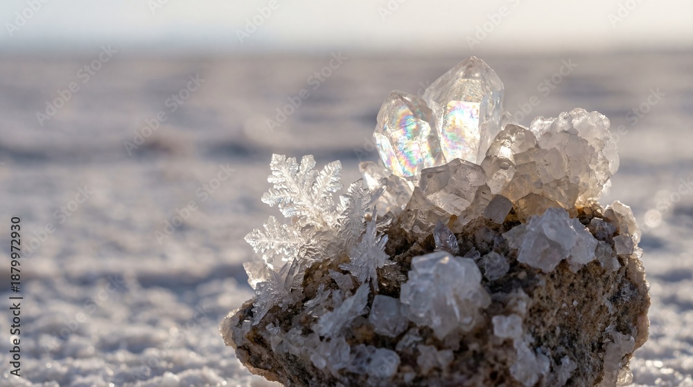 Fototapeta premium Macro closeup of clear quartz crystals on salt flat. Sparkling mineral formations resembling snowflakes in winter landscape. Natural geology and iridescent nature photography concept.