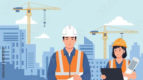 Construction workers with cranes and buildings, flat illustration style