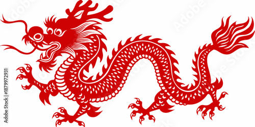 A vibrant red chinese dragon illustration with intricate details and a dynamic pose