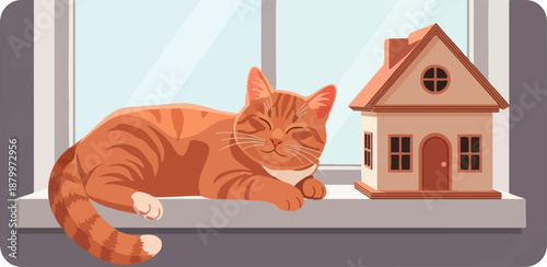 Content cat resting peacefully next to a miniature house on a windowsill, with soft light