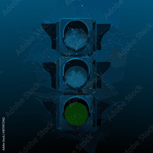 Submerged traffic light with a green signal fractured glass and deep blue tones