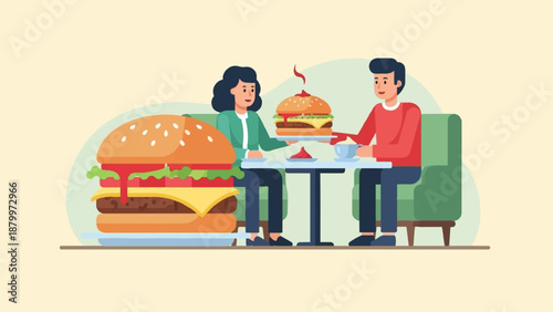 Couple enjoying a meal at a diner with large burgers