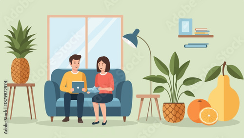 Couple on sofa with fruits and plants in living room