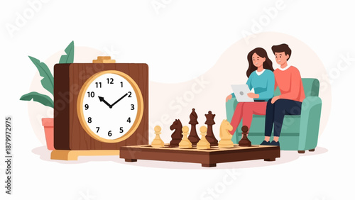 Couple on sofa with laptop and chess board next to clock