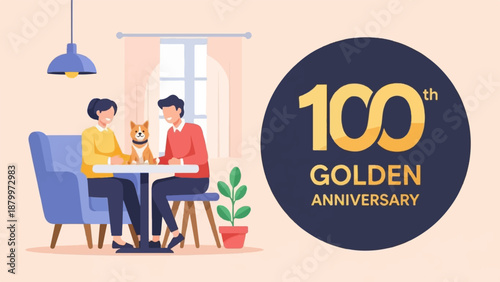 Cozy indoor scene with a couple, dog, and a "100 Golden Anniversary" emblem