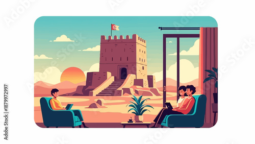 Cozy indoor scene with a desert fortress view and people with tablets