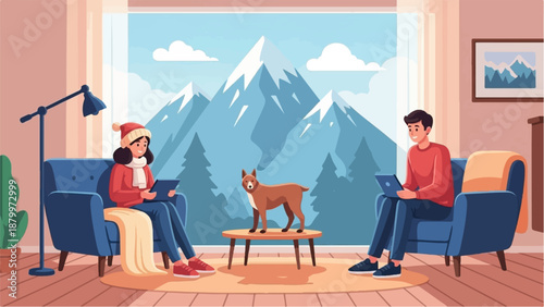 Cozy indoor scene with a dog and two people on tablets, snowy mountains vista