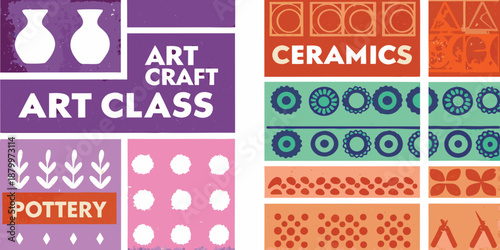 Colorful art and pottery design with vases patterns and text overlays