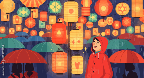 Woman in red hooded jacket standing.