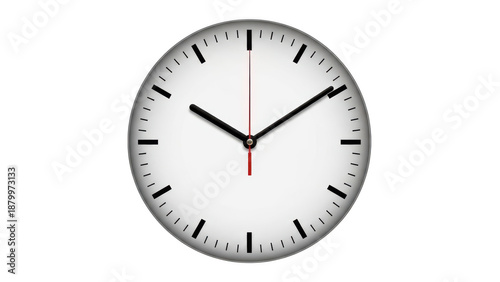Modern analog wall clock with white face and black markers isolated on transparent background