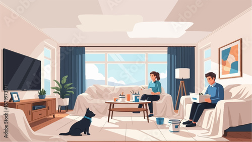 Couple painting their home interior with dog watching nearby