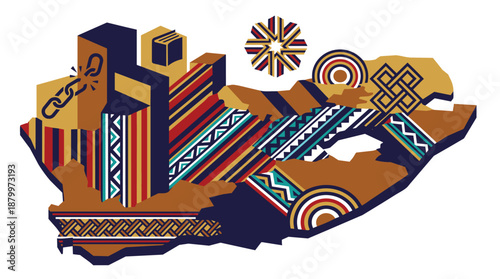 Vibrant African continent map with colorful patterns and symbols