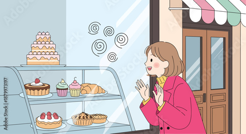 Woman Smelling Bakery Pastries Display.