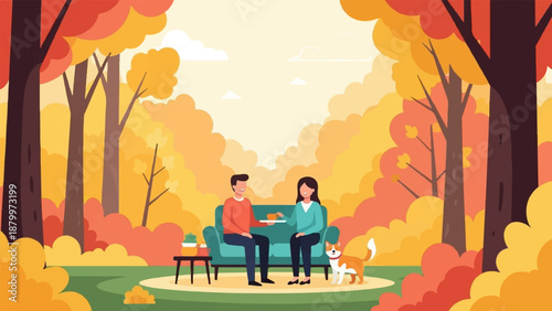 Couple enjoying autumn tea with dog in vibrant fall foliage