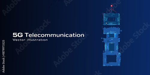 A digital representation of a 5g telecommunication tower against a dark blue background