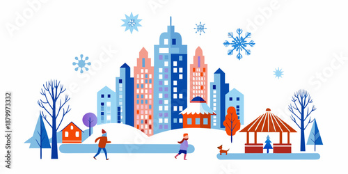 Winter cityscape with people snowflakes and buildings in a flat illustration style