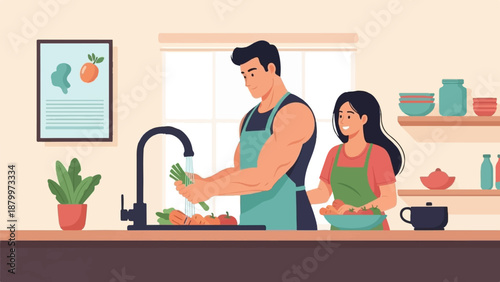 Couple preparing fresh vegetables together in a bright kitchen setting