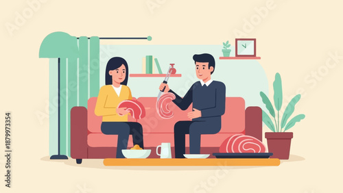 Couple preparing meat on couch with food and plants in living room