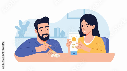 Couple preparing to apply sunscreen with UV protection from bottle