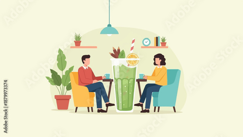 Couple enjoying healthy green drinks in a cozy cafe setting