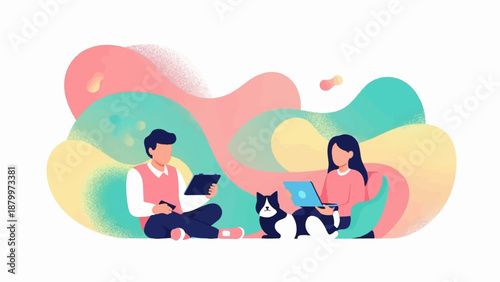 Couple and cat with colorful abstract background, working remotely