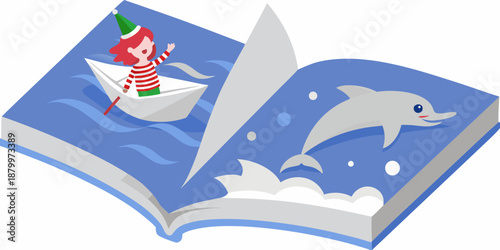 a cartoon image of a child in a boat and a dolphin in an open book