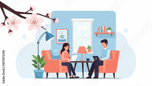 Couple working on laptops in cozy room with cherry blossoms