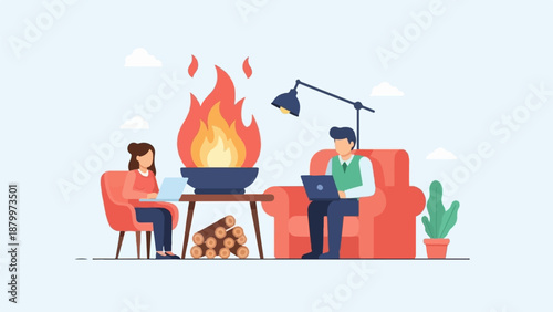 Cozy indoor scene with people working near a fireplace and plant