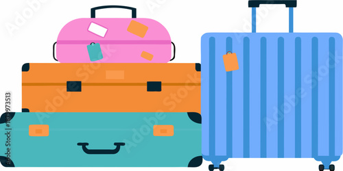 Colorful stacked suitcases and a rolling bag ready for a journey