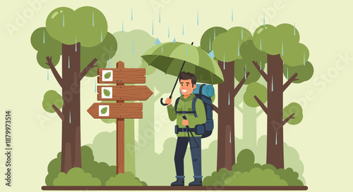 Man with Backpack and Green Umbrella.
