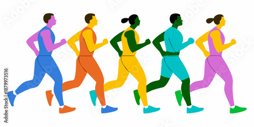 A diverse group of people running together in a colorful illustration