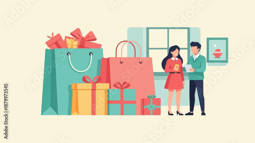 Couple enjoying shopping with gift bags and presents