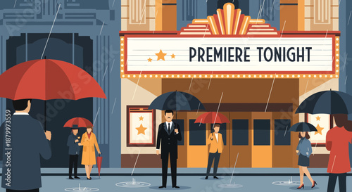 People standing in the rain outside cinema.