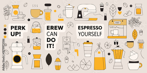 A colorful illustration featuring various coffee brewing methods and accessories