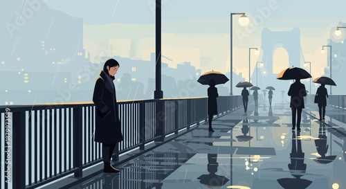 People walking on a bridge.