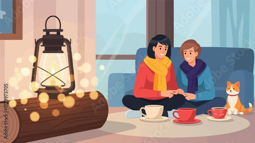 Cozy indoor scene with two people, a cat, and a lantern