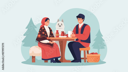 Couple and dog enjoying coffee outdoors amidst winter trees