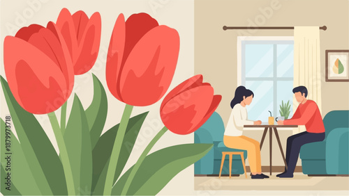 Couple sharing drinks near large red tulips by window with artwork