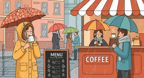 Woman holding coffee on rainy day.