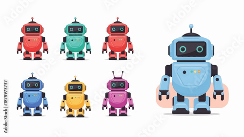 Collection of colorful cartoon robots standing on white background