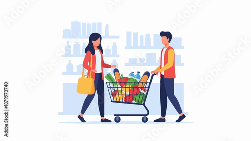 Couple shops for groceries, filling cart with fresh produce and goods