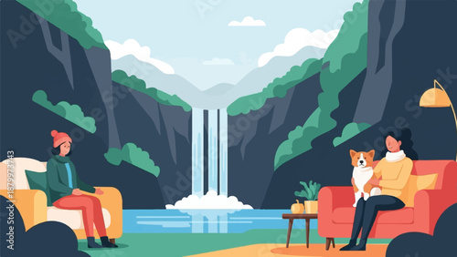 Cozy indoors scene with a person and dog, overlooking a majestic waterfall vista